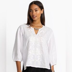 Johnny Was SPLIT NECK LINEN BLOUSE Elegant White Embroidered Women's Top medium